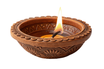 Traditional Clay Diya with Flame and Intricate Designs for Festivals