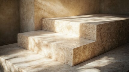 Sunlit stone steps against a textured wall.