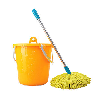 A bright yellow bucket and a mop sitting next to each other against a pristine background. They are essential for cleaning.