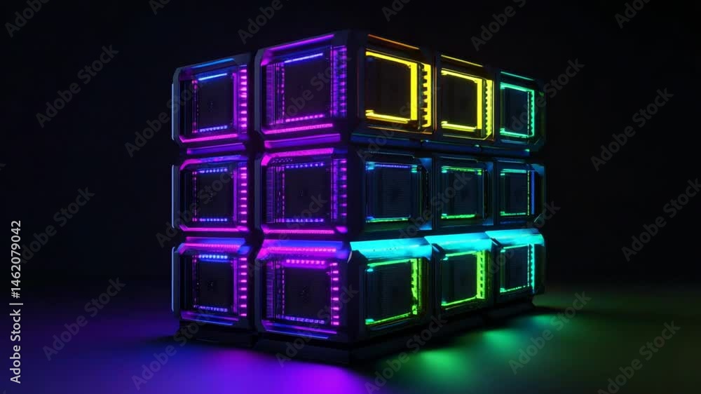 Poster abstract technology concept with glowing neon cube structure on dark background