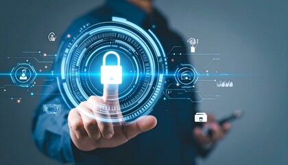 Obraz premium Hand interacting with a futuristic digital interface, highlighting cybersecurity and data protection. A padlock icon is central to the design.