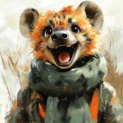 Playful Cartoon Hyena Character: Vibrant Colors and Whimsical Expression in Forest Scene