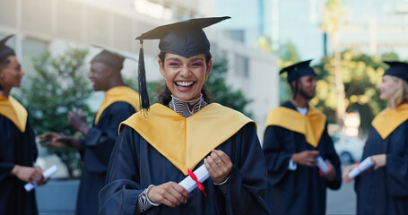 Degree, woman and portrait of graduate in city for education goal, qualification or achievement....