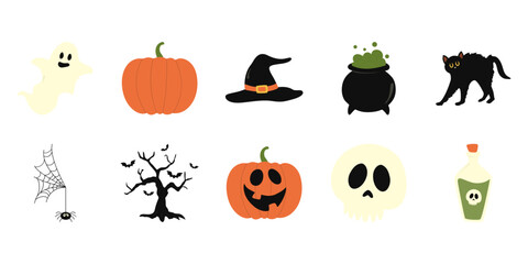 Set of halloween illustration. Jack o lanter, skull, ghost, spooky, spider, black cat for halloween decoration. Vector Isolated.