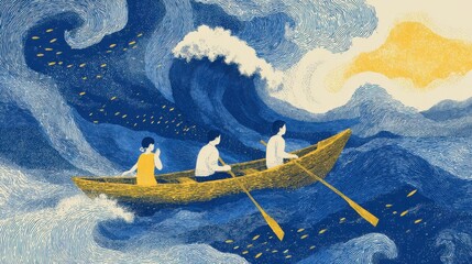 Three people rowing a boat through rough seas in a woodcut illustration