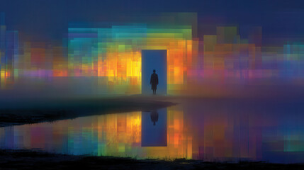Naklejka premium Walking through a misty doorway into vibrant, multi-dimensional realities of life’s timelines