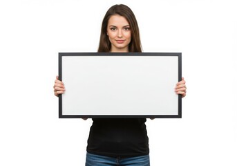 Naklejka premium Woman holds blank rectangular frame isolated on white background