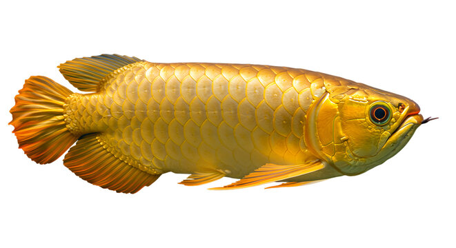 Golden Arowana Fish Isolated Against Transparent or white Background