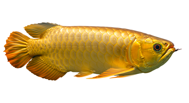 Golden Arowana Fish Isolated Against Transparent or white Background