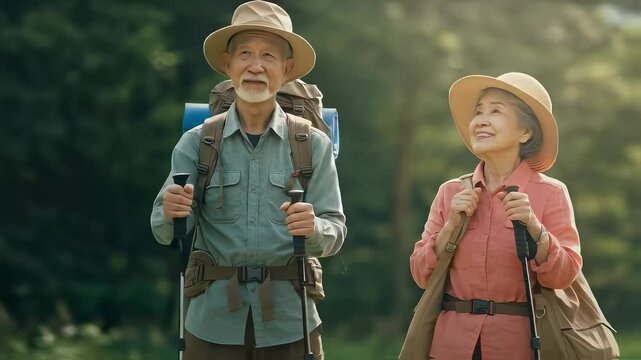 ハイキングを楽しむアクティブシニア夫婦の素敵な笑顔