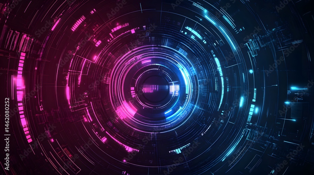 Poster abstract concentric circles display with glowing neon lines.