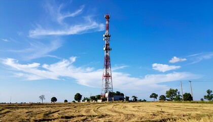 Tall telecommunication tower against a vibrant blue sky and harvested field.