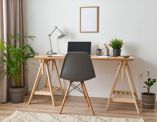 Modern minimalist home office workspace with laptop, plants, and wooden desk. Ideal for productivity, blogging, and remote work.