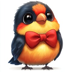 Vibrant Cartoon Bird Character with Festive Bow Tie in Playful Digital Illustration
