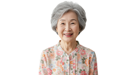Portrait of an Elderly Asian Woman with Gray Hair Wearing a Floral Blouse Against a Black Background, Smiling Cheerfully, Exuding Warmth and Wisdom