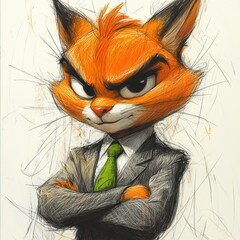 Vibrant Cartoon Orange Cat in Business Attire with Confident and Playful Expression