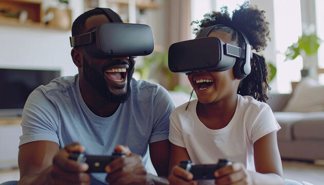 Immersive Reality: A father and daughter share laughter and bonding moment while experiencing immersive reality, surrounded by the comfort of their home. - Powered by Adobe