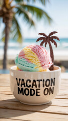 Vacation, travel, holiday concept. Colorful ice cream with chocolate palm tree on bowl with text - Vacation mode on. 
