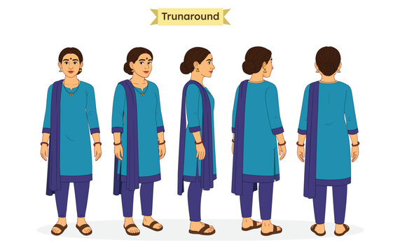  Indian Woman Turnaround Sheet &ndash; Front, Side, ⅓ front view, ⅓ back view and Back Views. Indian Woman in Suit & Salwar Character turnaround sheet.
