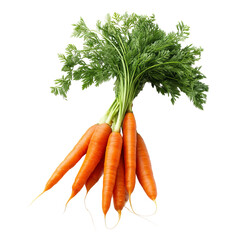 Fresh and vibrant carrots with their green leafy tops, perfect for a healthy meal. The carrots are displayed in an eye-level shot