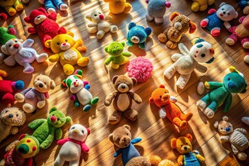 Fototapeta premium Aerial View of Plush Toys Arranged in a Child's Playroom - Adorable Soft Toys from Above