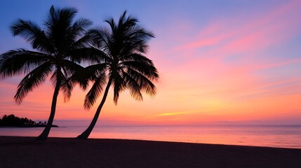Fototapeta premium Silhouetted palm trees against a tranquil sunset on a sandy beach.