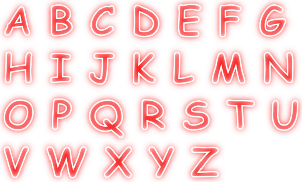 Neon alphabet letters a to z glowing red font for education and design projects uppercase typography set