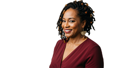 A confident African American woman in her 30s with curly hair and earrings smiles warmly against a black background, radiating positivity and strength in her professional appearance.