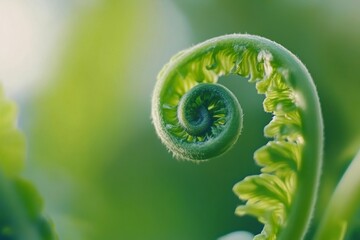 A close-up of a curled fern unfurling vibrant green
