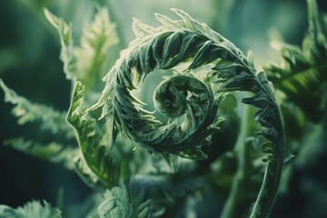 A close-up of a curled fern unfurling vibrant green © Rochilah