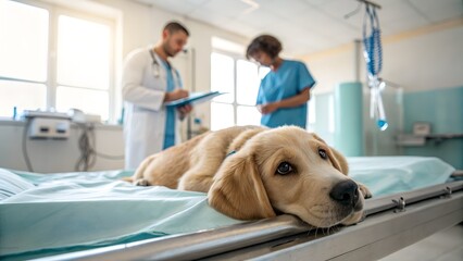 Veterinarians examining a young dog in a veterinary clinic setting