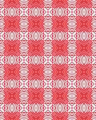 Detailed red and white pattern showcases overlapping floral and circular designs in a seamless, symmetrical arrangement throughout the background