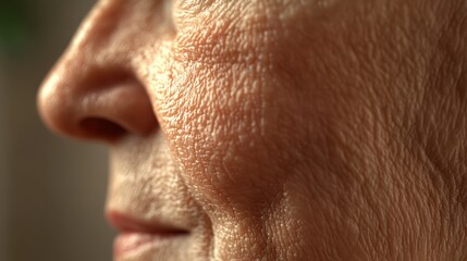 A close-up of the side of a person's face, highlighting skin texture and wrinkles. The detailed view emphasizes the natural aging process and facial features