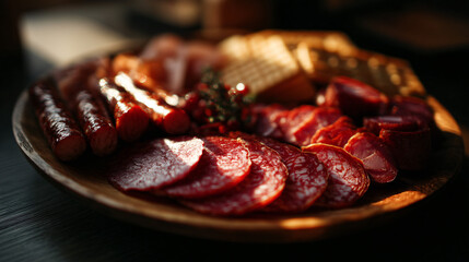 Wooden plate with an assortment of blimp ham, and salami, perfect for charcuterie control board