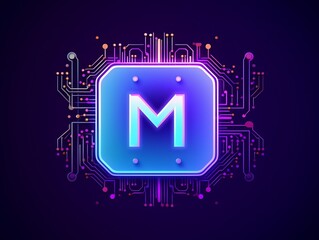 Futuristic Letter M in Circuit Board Design with Neon Lighting Illustration