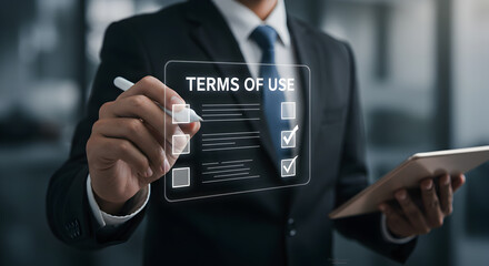Digital Terms of Use Agreement – Businessman Interacting with Virtual Legal Interface - obrazy, fototapety, plakaty