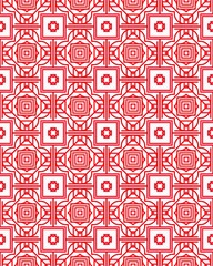 This decorative design features a repeating pattern of red and white geometric shapes, creating a vibrant and striking visual effect