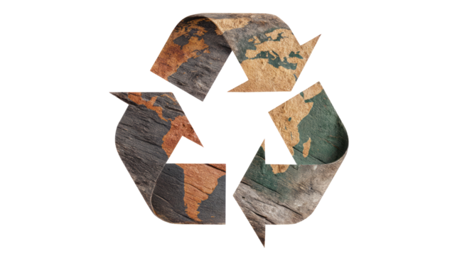 recycle symbol with textured world map design isolated, transparent background