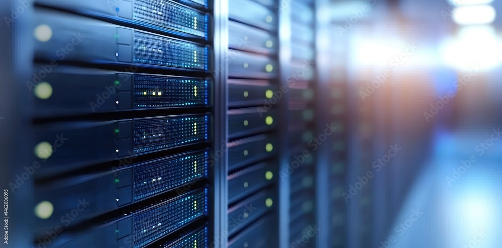 Poster Server stacks and glowing orange and blue lights in a high tech hallway, representing innovation in secure cloud infrastructure and IT support systems