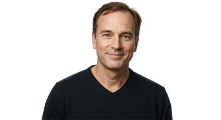 Fototapeta premium Portrait of a Middle-Aged Caucasian Male with Short Brown Hair, Smiling and Wearing a Black V-neck Sweater Against a Simplistic Dark Background