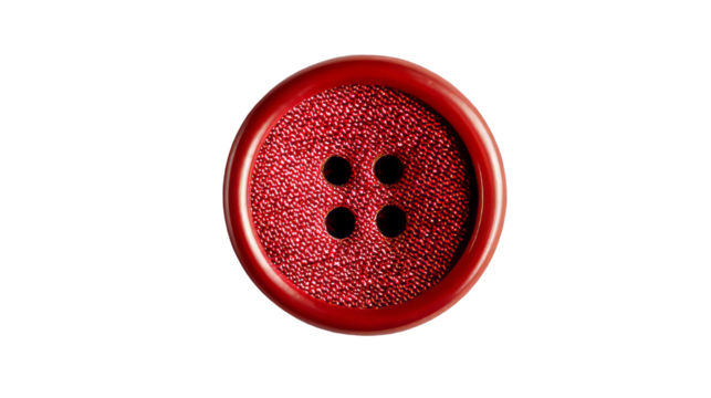 a single, close-up view of a red button with four holes isolated, transparent background
