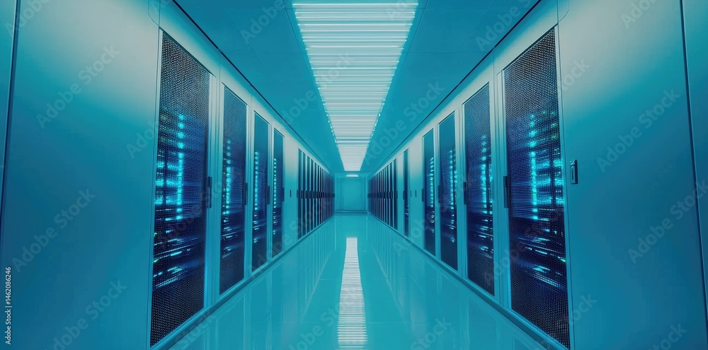 Poster a brightly illuminated data center showcasing blue-lit servers and reflections on polished floors, i