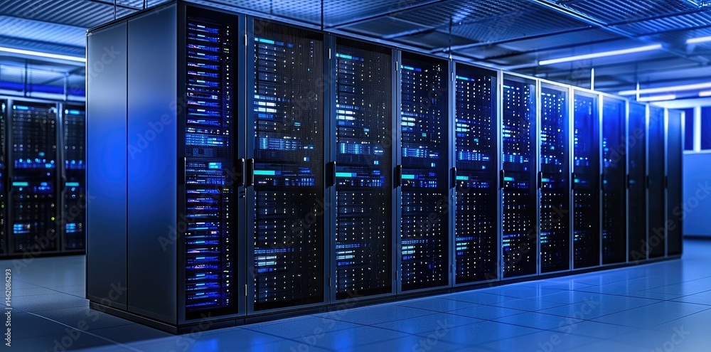 Poster Modern server hall with blue ambient light and glowing system indicators, ideal for illustrating big data, cloud computing, and IT environments