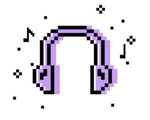 Fototapeta premium Y2k inspired headphone sticker in pixel art. Dj. Listen to music, radio podcast. Pixel earphone icon. Mood of 90's. 8 bit retro style vector illustration. Trendy geometric shape. Game abstract element