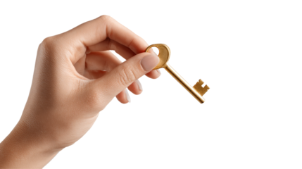 hand holding golden key isolated, transparent background