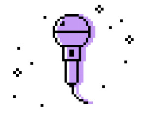 Y2k inspired microphone sticker in pixel art. Pixels karaoke mike icon. Mood of 90's. 8 bit retro style vector illustration. Trendy geometric shape. Game abstract element for singing, radio, concert