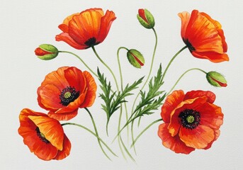 Watercolor painting of red poppies