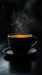 A steaming cup of black coffee in the dark night