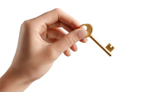 hand holding golden key isolated, transparent background