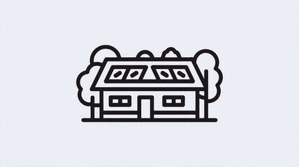 Black vector icon of a simple eco-lodge building with solar panels and trees, representing eco-tourism accommodation, minimalist design on a white background